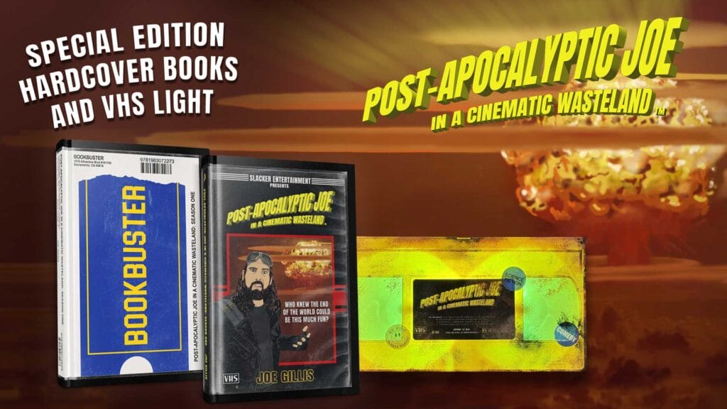Promotional image for "Post-Apocalyptic Joe" by Joe Gillis Press, featuring VHS tapes, special edition hardcover books, and a cinematic explosion background.