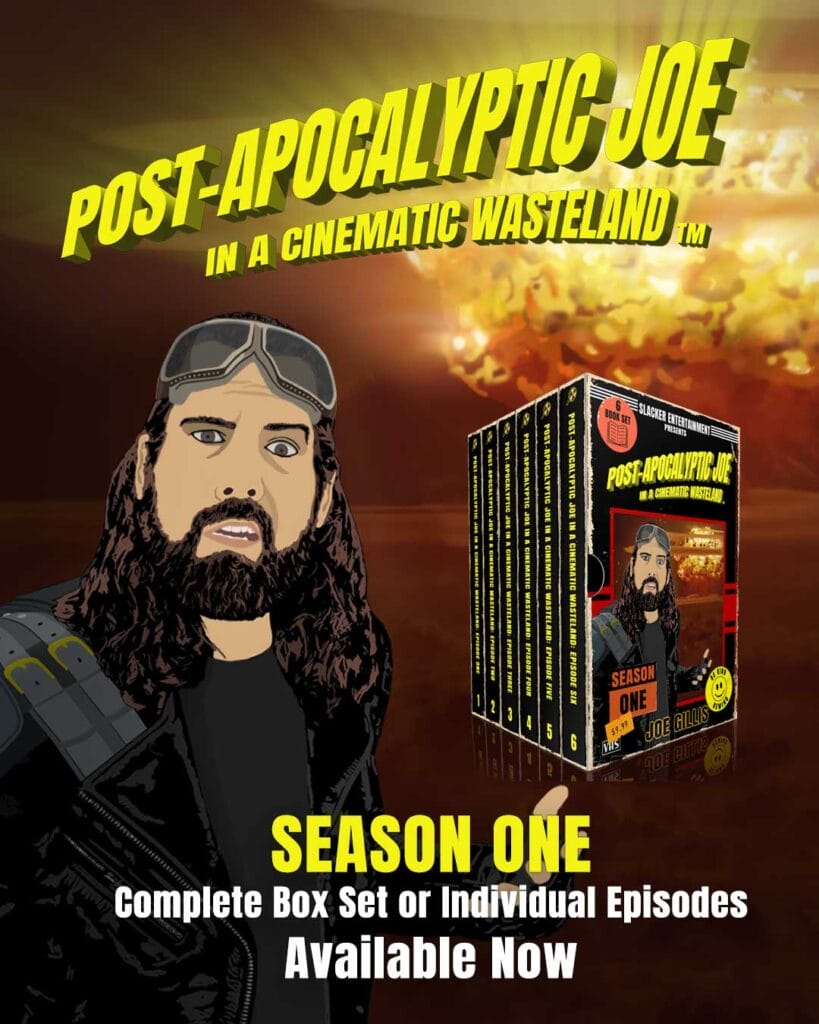 Illustration of the "Post-Apocalyptic Joe" DVD box set featuring a bearded character against an explosive background. Discover the thrilling Sci-Fi Series with Season One now available.
