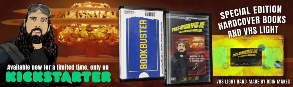 A Kickstarter ad unveils "Bookbuster," a collection of post-apocalyptic themed VHS-style items. Dive into books and a unique VHS light with an illustrated character, perfect for fans of post-apocalyptic audiobooks and podcasts.