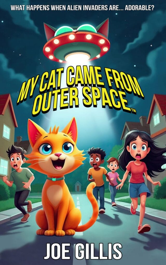 A large, cartoon orange cat sits in the center of a suburban street as people run away, with a UFO hovering above. The book title is "My Cat Came From Outer Space" by Joe Gillis.