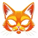 Illustration of a stylized cat face mask in orange and yellow hues with prominent ears, whiskers, and blank eye openings.